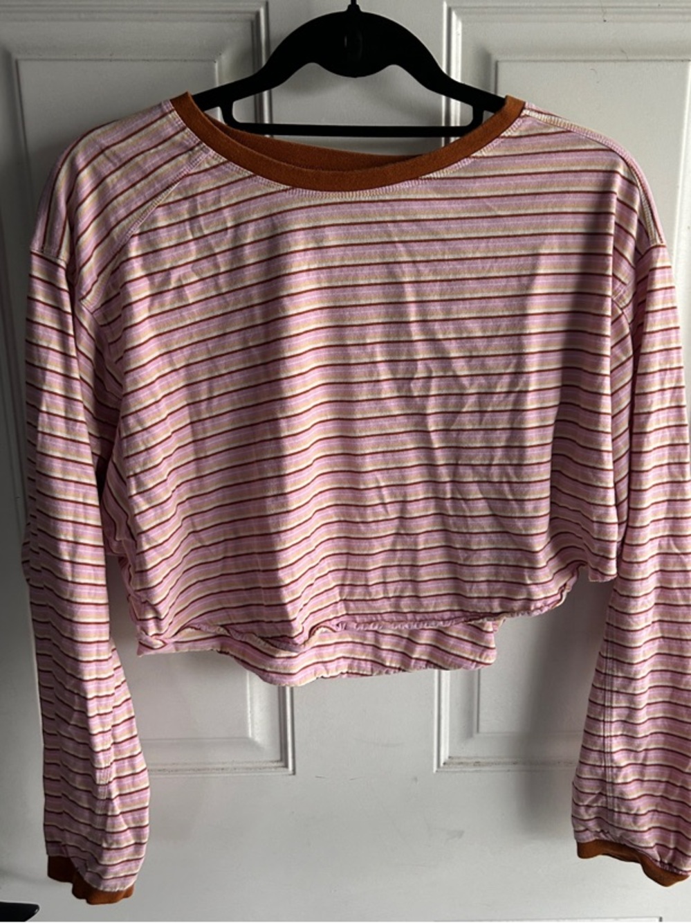 BDG Pink Striped Cropped Long-Sleeve Top with Rust Trim